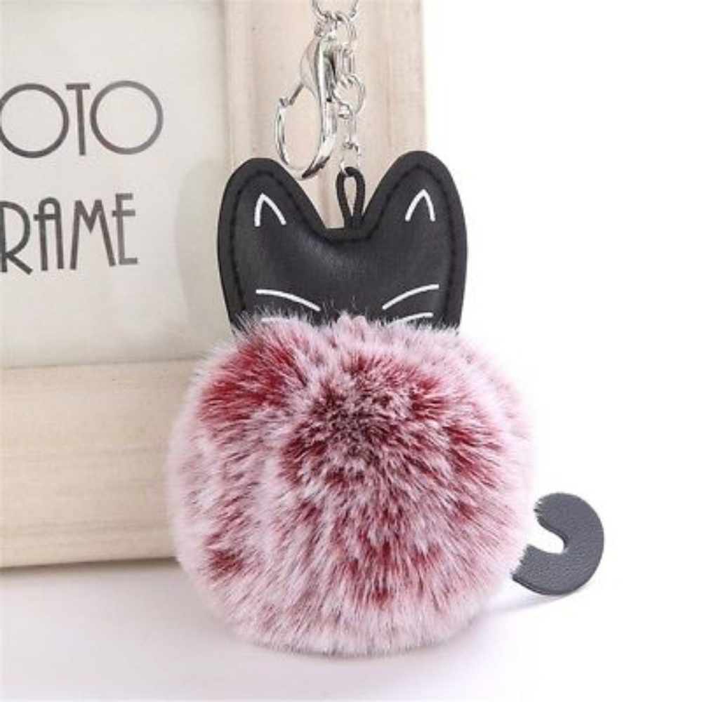 Red Wine Pompom Kitty Keychain
